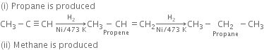 left parenthesis straight i right parenthesis space Propane space is space produced
CH subscript 3 minus straight C identical to CH space rightwards arrow from Ni divided by 473 space straight K to straight H subscript 2 of CH subscript 3 stack negative space CH with Propene below equals CH subscript 2 rightwards arrow from Ni divided by 473 space straight K to straight H subscript 2 of CH subscript 3 minus stack CH subscript 2 with Propane below minus CH subscript 3
left parenthesis ii right parenthesis space Methane space is space produced
