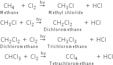 stack CH subscript 4 with Methane below space plus space Cl subscript 2 space space rightwards arrow with hv on top space space stack CH subscript 3 Cl with Methyl space chloride below space plus space HCl
CH subscript 3 Cl space plus space Cl subscript 2 space rightwards arrow with hv on top space stack CH subscript 2 Cl subscript 2 with Dichloromethane below space plus space HCl
stack CH subscript 2 Cl subscript 2 space plus space Cl subscript 2 with Dichloromethane below space rightwards arrow with hv on top space stack CH subscript 3 Cl subscript 3 with Trichloromethane below space plus space HCl
space space space CHCl subscript 3 space plus space Cl subscript 2 space rightwards arrow with hv on top space space stack CCl subscript 4 with Tetrachloromethane below space plus space HCl