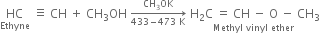 HC with Ethyne below space identical to space CH space plus space CH subscript 3 OH space rightwards arrow from 433 minus 473 space straight K to CH subscript 3 OK of stack space straight H subscript 2 straight C space equals space CH space minus space straight O space minus space CH subscript 3 with Methyl space vinyl space ether below