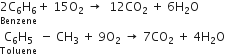 stack 2 straight C subscript 6 straight H subscript 6 with Benzene below plus space 15 straight O subscript 2 space rightwards arrow space space 12 CO subscript 2 space plus space 6 straight H subscript 2 straight O
stack straight C subscript 6 straight H subscript 5 with Toluene below space minus space CH subscript 3 space plus space 9 straight O subscript 2 space rightwards arrow space 7 CO subscript 2 space plus space 4 straight H subscript 2 straight O