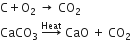 straight C plus straight O subscript 2 space rightwards arrow space CO subscript 2
CaCO subscript 3 space rightwards arrow with Heat on top space CaO space plus space CO subscript 2