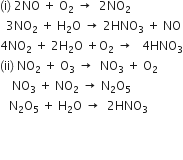 left parenthesis straight i right parenthesis space 2 NO space plus space straight O subscript 2 space rightwards arrow space space 2 NO subscript 2
space space 3 NO subscript 2 space plus space straight H subscript 2 straight O space rightwards arrow space 2 HNO subscript 3 space plus space NO
4 NO subscript 2 space plus space 2 straight H subscript 2 straight O space plus straight O subscript 2 space rightwards arrow space space space 4 HNO subscript 3
left parenthesis ii right parenthesis space NO subscript 2 space plus space straight O subscript 3 space rightwards arrow space space NO subscript 3 space plus space straight O subscript 2
space space space space NO subscript 3 space plus space NO subscript 2 space rightwards arrow space straight N subscript 2 straight O subscript 5
space space space straight N subscript 2 straight O subscript 5 space plus space straight H subscript 2 straight O space rightwards arrow space space 2 HNO subscript 3


