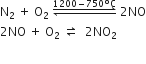 straight N subscript 2 space plus space straight O subscript 2 space rightwards harpoon over leftwards harpoon with 1200 minus 750 degree straight C on top space 2 NO
2 NO space plus space straight O subscript 2 space rightwards harpoon over leftwards harpoon space space 2 NO subscript 2

