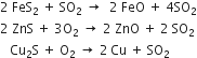 2 space FeS subscript 2 space plus space SO subscript 2 space rightwards arrow space space 2 space FeO space plus space 4 SO subscript 2
2 space ZnS space plus space 3 straight O subscript 2 space rightwards arrow space 2 space ZnO space plus space 2 space SO subscript 2
space space space Cu subscript 2 straight S space plus space straight O subscript 2 space rightwards arrow space 2 thin space Cu space plus space SO subscript 2