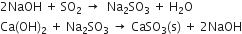 2 NaOH space plus space SO subscript 2 space rightwards arrow space space Na subscript 2 SO subscript 3 space plus space straight H subscript 2 straight O
Ca left parenthesis OH right parenthesis subscript 2 space plus space Na subscript 2 SO subscript 3 space rightwards arrow space CaSO subscript 3 left parenthesis straight s right parenthesis space plus space 2 NaOH