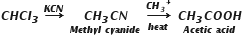 bold italic C bold italic H bold italic C bold italic l subscript bold italic 3 bold italic space bold italic rightwards arrow with bold italic K bold italic C bold italic N on top bold italic space stack bold italic C bold italic H subscript bold italic 3 bold italic C bold italic N with bold italic M bold italic e bold italic t bold italic h bold italic y bold italic l bold italic space bold italic c bold italic y bold italic a bold italic n bold italic i bold italic d bold italic e below bold italic space stack bold italic rightwards arrow with bold italic C bold italic H subscript bold italic 3 to the power of bold italic plus on top with bold italic h bold italic e bold italic a bold italic t below bold italic space stack bold italic C bold italic H subscript bold italic 3 bold italic C bold italic O bold italic O bold italic H with bold italic A bold italic c bold italic e bold italic t bold italic i bold italic c bold italic space bold italic a bold italic c bold italic i bold italic d below