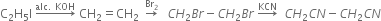 straight C subscript 2 straight H subscript 5 straight I space rightwards arrow with alc. space KOH on top space CH subscript 2 equals CH subscript 2 space space rightwards arrow with Br subscript 2 on top space space space C H subscript 2 B r minus C H subscript 2 B r space rightwards arrow with KCN on top space space C H subscript 2 C N minus C H subscript 2 C N