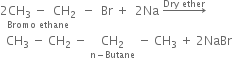 stack 2 CH subscript 3 space minus space space CH subscript 2 with Bromo space ethane below space space minus space space Br space plus space space 2 Na space rightwards arrow with Dry space ether on top
space space CH subscript 3 space minus space CH subscript 2 space minus space stack CH subscript 2 with straight n minus Butane below space minus space CH subscript 3 space plus space 2 NaBr space