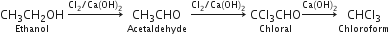 stack CH subscript 3 CH subscript 2 OH with Ethanol below space rightwards arrow with Cl subscript 2 divided by Ca left parenthesis OH right parenthesis subscript 2 on top space stack CH subscript 3 CHO with Acetaldehyde below space rightwards arrow with Cl subscript 2 divided by Ca left parenthesis OH right parenthesis subscript 2 on top space stack CCl subscript 3 CHO with Chloral below rightwards arrow with Ca left parenthesis OH right parenthesis subscript 2 on top stack CHCl subscript 3 with Chloroform below