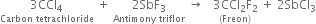 stack 3 CCl subscript 4 with Carbon space tetrachloride below space plus space stack 2 SbF subscript 3 with Antimony space triflor below space rightwards arrow space space space stack 3 CCl subscript 2 straight F subscript 2 with left parenthesis Freon right parenthesis below space plus space 2 SbCl subscript 3
