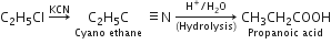 straight C subscript 2 straight H subscript 5 Cl space rightwards arrow with KCN on top space stack straight C subscript 2 straight H subscript 5 straight C with Cyano space ethane below space identical to straight N space rightwards arrow from left parenthesis Hydrolysis right parenthesis to straight H to the power of plus divided by straight H subscript 2 straight O of space stack CH subscript 3 CH subscript 2 COOH with Propanoic space acid below