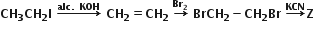 bold CH subscript bold 3 bold CH subscript bold 2 bold I bold space bold rightwards arrow with bold alc bold. bold space bold KOH on top bold space bold CH subscript bold 2 bold equals bold CH subscript bold 2 bold space bold rightwards arrow with bold Br subscript bold 2 on top bold space bold BrCH subscript bold 2 bold minus bold CH subscript bold 2 bold Br bold space bold rightwards arrow with bold KCN on top bold Z