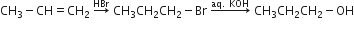 CH subscript 3 minus CH equals CH subscript 2 space rightwards arrow with HBr on top space CH subscript 3 CH subscript 2 CH subscript 2 minus Br space rightwards arrow with aq. space KOH on top space CH subscript 3 CH subscript 2 CH subscript 2 minus OH