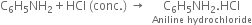 straight C subscript 6 straight H subscript 5 NH subscript 2 plus HCl space left parenthesis conc. right parenthesis space rightwards arrow space space stack straight C subscript 6 straight H subscript 5 NH subscript 2. HCl with Aniline space hydrochloride below