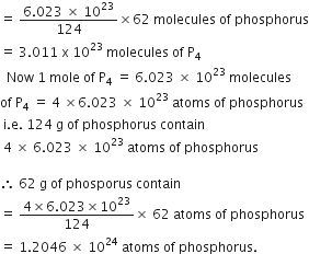 equals space fraction numerator 6.023 space cross times space 10 to the power of 23 over denominator 124 end fraction cross times 62 space molecules space of space phosphorus
equals space 3.011 space straight x space 10 to the power of 23 space molecules space of space straight P subscript 4
space space Now space 1 space mole space of space straight P subscript 4 space equals space 6.023 space cross times space 10 to the power of 23 space molecules
of space straight P subscript 4 space equals space 4 space cross times 6.023 space cross times space 10 to the power of 23 space atoms space of space phosphorus
space straight i. straight e. space 124 space straight g space of space phosphorus space contain
space 4 space cross times space 6.023 space cross times space 10 to the power of 23 space atoms space of space phosphorus

therefore space 62 space straight g space of space phosporus space contain
equals space fraction numerator 4 cross times 6.023 cross times 10 to the power of 23 over denominator 124 end fraction cross times space 62 space atoms space of space phosphorus
equals space 1.2046 space cross times space 10 to the power of 24 space atoms space of space phosphorus.