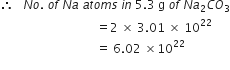 therefore space space space N o. space o f space N a space a t o m s space i n space 5.3 space straight g space o f space N a subscript 2 C O subscript 3
space space space space space space space space space space space space space space space space space space space space space space space space space space space space space space space space equals 2 space cross times space 3.01 space cross times space 10 to the power of 22
space space space space space space space space space space space space space space space space space space space space space space space space space space space space space space space space equals space 6.02 space cross times 10 to the power of 22
