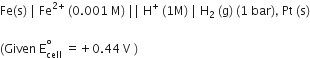 Fe left parenthesis straight s right parenthesis space vertical line space Fe to the power of 2 plus end exponent space left parenthesis 0.001 space straight M right parenthesis space vertical line vertical line space straight H to the power of plus space left parenthesis 1 straight M right parenthesis space vertical line space straight H subscript 2 space left parenthesis straight g right parenthesis space left parenthesis 1 space bar right parenthesis comma space Pt space left parenthesis straight s right parenthesis

left parenthesis Given space straight E subscript cell superscript degree space equals plus 0.44 space straight V space right parenthesis