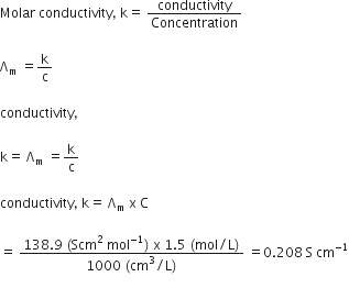 Molar space conductivity comma space straight k equals space conductivity over Concentration

straight capital lambda subscript straight m space equals straight k over straight c

conductivity comma

straight k equals space straight capital lambda subscript straight m space equals straight k over straight c

conductivity comma space straight k equals space straight capital lambda subscript straight m space straight x space straight C

equals space fraction numerator 138.9 space left parenthesis Scm squared space mol to the power of negative 1 end exponent right parenthesis space straight x space 1.5 space left parenthesis mol divided by straight L right parenthesis over denominator 1000 space left parenthesis cm cubed divided by straight L right parenthesis end fraction space equals 0.208 space straight S space cm to the power of negative 1 end exponent
