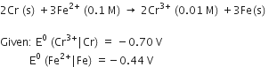 2 Cr space left parenthesis straight s right parenthesis space plus 3 Fe to the power of 2 plus end exponent space left parenthesis 0.1 space straight M right parenthesis space rightwards arrow space 2 Cr to the power of 3 plus end exponent space left parenthesis 0.01 space straight M right parenthesis space plus 3 Fe left parenthesis straight s right parenthesis space

Given colon space straight E to the power of 0 space left parenthesis Cr to the power of 3 plus end exponent vertical line Cr right parenthesis space equals space minus 0.70 space straight V
space space space space space space space space space space space straight E to the power of 0 space left parenthesis Fe to the power of 2 plus end exponent vertical line Fe right parenthesis space equals negative 0.44 space straight V