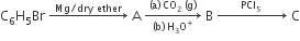 straight C subscript 6 straight H subscript 5 Br space rightwards arrow with Mg divided by dry space ether on top space straight A space rightwards arrow from left parenthesis straight b right parenthesis space straight H subscript 3 straight O to the power of plus to left parenthesis straight a right parenthesis space CO subscript 2 space left parenthesis straight g right parenthesis of space straight B space rightwards arrow with space space space space space PCl subscript 5 space space space space space space on top space straight C