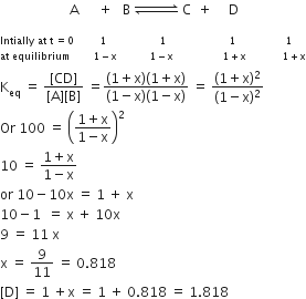 space space space space space space space space space space space space space space space space space space space space space straight A space space space space space space plus space space space straight B space rightwards harpoon over leftwards harpoon for space space space space space space space space space of space straight C space space plus space space space space space straight D
subscript Intially space at space straight t space equals 0 space space space space space space space space 1 space space space space space space space space space space space space space space space space 1 space space space space space space space space space space space space space space space space space space space 1 space space space space space space space space space space space space space space space 1 end subscript
to the power of at space equilibrium space space space space space space space 1 minus straight x space space space space space space space space space space 1 minus straight x space space space space space space space space space space space space space space space 1 plus straight x space space space space space space space space space space space 1 plus straight x end exponent
straight K subscript eq space equals space fraction numerator left square bracket CD right square bracket over denominator left square bracket straight A right square bracket left square bracket straight B right square bracket end fraction space equals fraction numerator left parenthesis 1 plus straight x right parenthesis left parenthesis 1 plus straight x right parenthesis over denominator left parenthesis 1 minus straight x right parenthesis left parenthesis 1 minus straight x right parenthesis end fraction space equals space fraction numerator left parenthesis 1 plus straight x right parenthesis squared over denominator left parenthesis 1 minus straight x right parenthesis squared end fraction
Or space 100 space equals space open parentheses fraction numerator 1 plus straight x over denominator 1 minus straight x end fraction close parentheses squared
10 space equals space fraction numerator 1 plus straight x over denominator 1 minus straight x end fraction
or space 10 minus 10 straight x space equals space 1 space plus space straight x
10 minus 1 space space equals space straight x space plus space 10 straight x
9 space equals space 11 space straight x
straight x space equals space 9 over 11 space equals space 0.818 space
left square bracket straight D right square bracket space equals space 1 space plus straight x space equals space 1 space plus space 0.818 space equals space 1.818 space space space