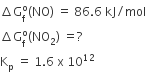 increment straight G subscript straight f superscript straight o left parenthesis NO right parenthesis space equals space 86.6 space kJ divided by mol
increment straight G subscript straight f superscript straight o left parenthesis NO subscript 2 right parenthesis space equals ?
straight K subscript straight p space equals space 1.6 space straight x space 10 to the power of 12