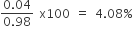 fraction numerator 0.04 over denominator 0.98 end fraction space straight x 100 space equals space 4.08 percent sign