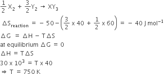1 half space straight X subscript 2 space plus space 3 over 2 straight Y subscript 2 space rightwards arrow space XY subscript 3
space increment straight S subscript reaction space equals space minus space 50 minus open parentheses 3 over 2 space straight x space 40 space plus space 1 half space straight x space 60 close parentheses space equals space minus space 40 space straight J space mol to the power of negative 1 end exponent
increment straight G space space equals space increment straight H space minus space straight T increment straight S
at space equilibrium space increment straight G space equals space 0
increment straight H space equals space straight T increment straight S
30 space straight x space 10 cubed space equals space straight T space straight x space 40
rightwards double arrow space straight T space equals space 750 space straight K