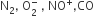 straight N subscript 2 comma space straight O subscript 2 superscript minus space comma space NO to the power of plus comma CO