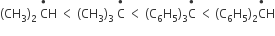 left parenthesis CH subscript 3 right parenthesis subscript 2 space straight C with • on top straight H space less than space left parenthesis CH subscript 3 right parenthesis subscript 3 space straight C with • on top space less than space left parenthesis straight C subscript 6 straight H subscript 5 right parenthesis subscript 3 straight C with • on top space less than thin space left parenthesis straight C subscript 6 straight H subscript 5 right parenthesis subscript 2 straight C with • on top straight H