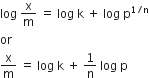 log space straight x over straight m space equals space log space straight k space plus space log space straight p to the power of 1 divided by straight n end exponent
or
straight x over straight m space equals space log space straight k space plus space 1 over straight n space log space straight p
