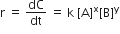 straight r space equals space dC over dt space equals space straight k space left square bracket straight A right square bracket to the power of straight x left square bracket straight B right square bracket to the power of straight y