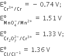 straight E subscript Cr to the power of 3 plus end exponent divided by Cr end subscript superscript straight o space equals space minus space 0.74 space straight V semicolon
straight E subscript MnO subscript 4 superscript minus divided by Mn to the power of 2 plus end exponent end subscript superscript straight o space equals space 1.51 space straight V
straight E subscript Cr subscript 2 straight O subscript 7 superscript 2 minus end superscript divided by Cr to the power of 3 plus end exponent end subscript superscript straight o space equals space 1.33 space straight V semicolon
straight E subscript Cl divided by Cl to the power of negative 1 end exponent end subscript superscript straight o space equals space 1.36 space straight V