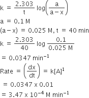 straight k space equals space fraction numerator 2.303 over denominator straight t end fraction space log open parentheses fraction numerator straight a over denominator straight a minus straight x end fraction close parentheses
straight a space equals space 0.1 space straight M
left parenthesis straight a minus straight x right parenthesis space equals space 0.025 space straight M comma space straight t space equals space 40 space min
straight k space equals space fraction numerator 2.303 over denominator 40 end fraction space log space fraction numerator 0.1 over denominator 0.025 space straight M end fraction
equals space 0.0347 space min to the power of negative 1 end exponent
Rate space equals space open parentheses dx over dt close parentheses space equals space straight k left square bracket straight A right square bracket to the power of 1
space equals space 0.0347 space straight x space 0.01
equals space 3.47 space straight x space 10 to the power of negative 4 end exponent space straight M space min to the power of negative 1 end exponent