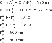 0.25 space straight A subscript straight A superscript 0 space plus space 0.75 straight P subscript straight B superscript 0 space equals space 550 space mm
0.20 space straight P subscript straight A superscript 0 space plus space 0.80 space straight P subscript straight B superscript 0 space equals space 650 space mm
straight P subscript straight x superscript 0 space plus 3 straight P subscript straight y superscript 0 space equals space 2200
straight P subscript straight x superscript 0 space plus space 4 straight P subscript straight Y superscript 0 space equals space 2800
straight P subscript straight y superscript 0 space equals space 600 space mm
straight P subscript straight x superscript 0 space equals space 400 space mm