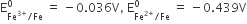 straight E subscript Fe to the power of 3 plus end exponent divided by Fe end subscript superscript 0 space equals space minus 0.036 straight V comma space straight E subscript Fe to the power of 2 plus end exponent divided by Fe end subscript superscript 0 space equals space minus 0.439 straight V
