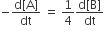 negative fraction numerator straight d left square bracket straight A right square bracket over denominator dt end fraction space equals space 1 fourth fraction numerator straight d left square bracket straight B right square bracket over denominator dt end fraction