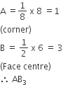 straight A space equals 1 over 8 space straight x space 8 space equals 1
left parenthesis corner right parenthesis
straight B space equals space 1 half space straight x space 6 space equals space 3
left parenthesis Face space centre right parenthesis
therefore space AB subscript 3