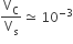 straight V subscript straight C over straight V subscript straight s asymptotically equal to space 10 to the power of negative 3 end exponent