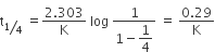 straight t subscript bevelled 1 fourth end subscript space equals fraction numerator 2.303 over denominator straight K end fraction space log space fraction numerator 1 over denominator 1 minus begin display style 1 fourth end style end fraction space equals space fraction numerator 0.29 over denominator straight K end fraction