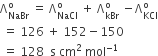 straight capital lambda subscript NaBr superscript straight o space equals space straight capital lambda subscript NaCl superscript straight o space plus space straight capital lambda subscript kBr superscript straight o space minus straight capital lambda subscript KCl superscript straight o
space equals space 126 space plus space 152 minus 150
space equals space 128 space space straight s space cm squared space mol to the power of negative 1 end exponent