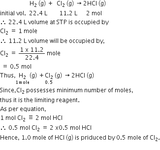 space space space space space space space space space space space space space space space space space space space space straight H subscript 2 space left parenthesis straight g right parenthesis space plus space space Cl subscript 2 space left parenthesis straight g right parenthesis space rightwards arrow 2 HCl space left parenthesis straight g right parenthesis
initial space vol. space space 22.4 space straight L space space space space space space space space 11.2 space straight L space space space space space space 2 space mol
therefore space 22.4 space straight L space volume space at space STP space is space occupied space by
Cl subscript 2 space equals space 1 space mole
therefore space 11.2 space straight L space volume space will space be space occupied space by comma
Cl subscript 2 space equals space fraction numerator 1 space straight x space 11.2 over denominator 22.4 end fraction space mole
space equals space 0.5 space mol
Thus comma stack space straight H subscript 2 space with 1 mole below left parenthesis straight g right parenthesis space plus stack Cl subscript 2 with 0.5 below space left parenthesis straight g right parenthesis space rightwards arrow 2 HCl space left parenthesis straight g right parenthesis
Since comma Cl subscript 2 space possesses space minimum space number space of space moles comma
thus space it space is space the space limiting space reagent.
As space per space equation comma
1 space mol space Cl subscript 2 space identical to space 2 space mol space HCl
therefore space 0.5 space mol space Cl subscript 2 space equals space 2 space straight x 0.5 space mol space HCl
Hence comma space 1.0 space mole space of space HCl space left parenthesis straight g right parenthesis space is space priduced space by space 0.5 space mole space of space Cl subscript 2.
