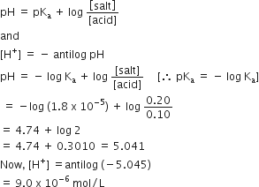 pH space equals space pK subscript straight a space plus space log space fraction numerator open square brackets salt close square brackets over denominator left square bracket acid right square bracket end fraction
and
left square bracket straight H to the power of plus right square bracket space equals space minus space antilog space pH
pH space equals space minus space log space straight K subscript straight a space plus space log space fraction numerator left square bracket salt right square bracket over denominator left square bracket acid right square bracket end fraction space space space space space left square bracket therefore space pK subscript straight a space equals space minus space log space straight K subscript straight a right square bracket
space equals space minus log space left parenthesis 1.8 space straight x space 10 to the power of negative 5 end exponent right parenthesis space plus space log space fraction numerator 0.20 over denominator 0.10 end fraction
equals space 4.74 space plus space log space 2
equals space 4.74 space plus space 0.3010 space equals space 5.041
Now comma space left square bracket straight H to the power of plus right square bracket space equals antilog space left parenthesis negative 5.045 right parenthesis
equals space 9.0 space straight x space 10 to the power of negative 6 end exponent space mol divided by straight L