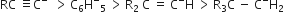 RC space identical to straight C to the power of negative space end exponent space greater than thin space straight C subscript 6 straight H to the power of minus subscript 5 space greater than thin space straight R subscript 2 space straight C space equals space straight C to the power of minus straight H space greater than thin space straight R subscript 3 straight C space minus space straight C to the power of minus straight H subscript 2