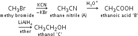 stack CH subscript 3 Br with methy space bromide below space rightwards arrow from negative KBr to KCN of space stack CH subscript 3 CN space with ethane space nitrile space left parenthesis straight A right parenthesis below rightwards arrow with straight H subscript 3 straight O to the power of plus on top space stack CH subscript 3 COOH with ethanoic space acid space apostrophe straight B apostrophe below
space space space space space space space space space space space space rightwards arrow from ether to LiAlH subscript 4 of space stack CH subscript 3 CH subscript 2 OH with ethanol space apostrophe straight C apostrophe below