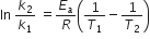ln space k subscript 2 over k subscript 1 space equals E subscript a over R open parentheses 1 over T subscript 1 minus 1 over T subscript 2 close parentheses