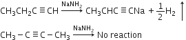 CH subscript 3 CH subscript 2 straight C identical to CH space rightwards arrow with NaNH subscript 2 on top space CH subscript 3 CHC identical to CNa space plus 1 half straight H subscript 2 space upwards arrow
CH subscript 3 minus straight C identical to straight C minus CH subscript 3 space rightwards arrow with NaNH subscript 2 on top space No space reaction