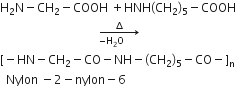 straight H subscript 2 straight N minus CH subscript 2 minus COOH space plus HNH left parenthesis CH subscript 2 right parenthesis subscript 5 minus COOH
space space space space space space space space space space space space space space space space space space space space space space space space space space space space space space space space space rightwards arrow from negative straight H subscript 2 straight O space space space space space to increment of
left square bracket negative HN minus CH subscript 2 minus CO minus NH minus left parenthesis CH subscript 2 right parenthesis subscript 5 minus CO minus right square bracket subscript straight n
space space Nylon space minus 2 minus nylon minus 6