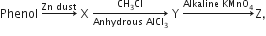 Phenol space rightwards arrow with Zn space dust on top space straight X space rightwards arrow from Anhydrous space AlCl subscript 3 to CH subscript 3 Cl of space straight Y space rightwards arrow with Alkaline space KMnO subscript 4 on top straight Z comma