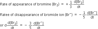 Rate space of space appearance space of space bromine space left parenthesis Br subscript 2 right parenthesis space equals space plus 1 third fraction numerator straight d left square bracket Br subscript 2 right square bracket over denominator dt end fraction
Ratee space of space disappearance space of space bromide space ion space left parenthesis Br to the power of minus right parenthesis space equals space minus 1 fifth fraction numerator straight d left square bracket Br to the power of minus right square bracket over denominator dt end fraction
or space straight d fraction numerator straight d left square bracket Br subscript 2 right square bracket over denominator dt end fraction space equals space minus space 3 over 5 fraction numerator straight d left square bracket Br to the power of minus right square bracket over denominator dt end fraction